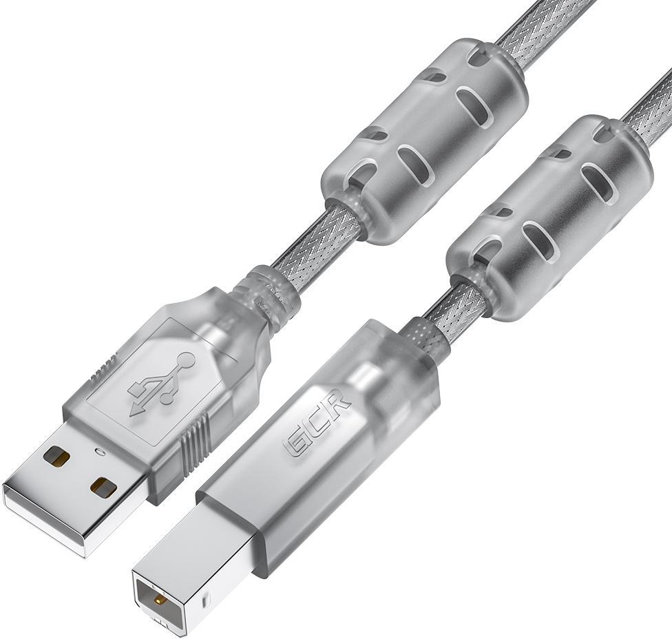 GCR Кабель PROF 3.0m USB 2.0, AM/BM, прозрачный, ферритовые кольца, 28/24 AWG, экран, армированный, - фото 1 - id-p224651742