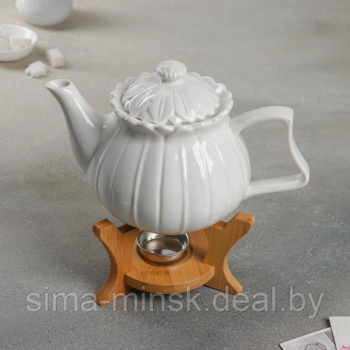 Чайник фарфоровый заварочный на деревянной подставке Доляна «Тюльпан», 700 мл, цвет белый - фото 1 - id-p224704528