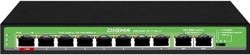 Коммутатор Digma DSP208F-2F-T120 DSP208F-2F-T120 V1 10x100Мбит/с 8PoE 8PoE+ 1PoE++ 120W неуправляемый - фото 1 - id-p224707393