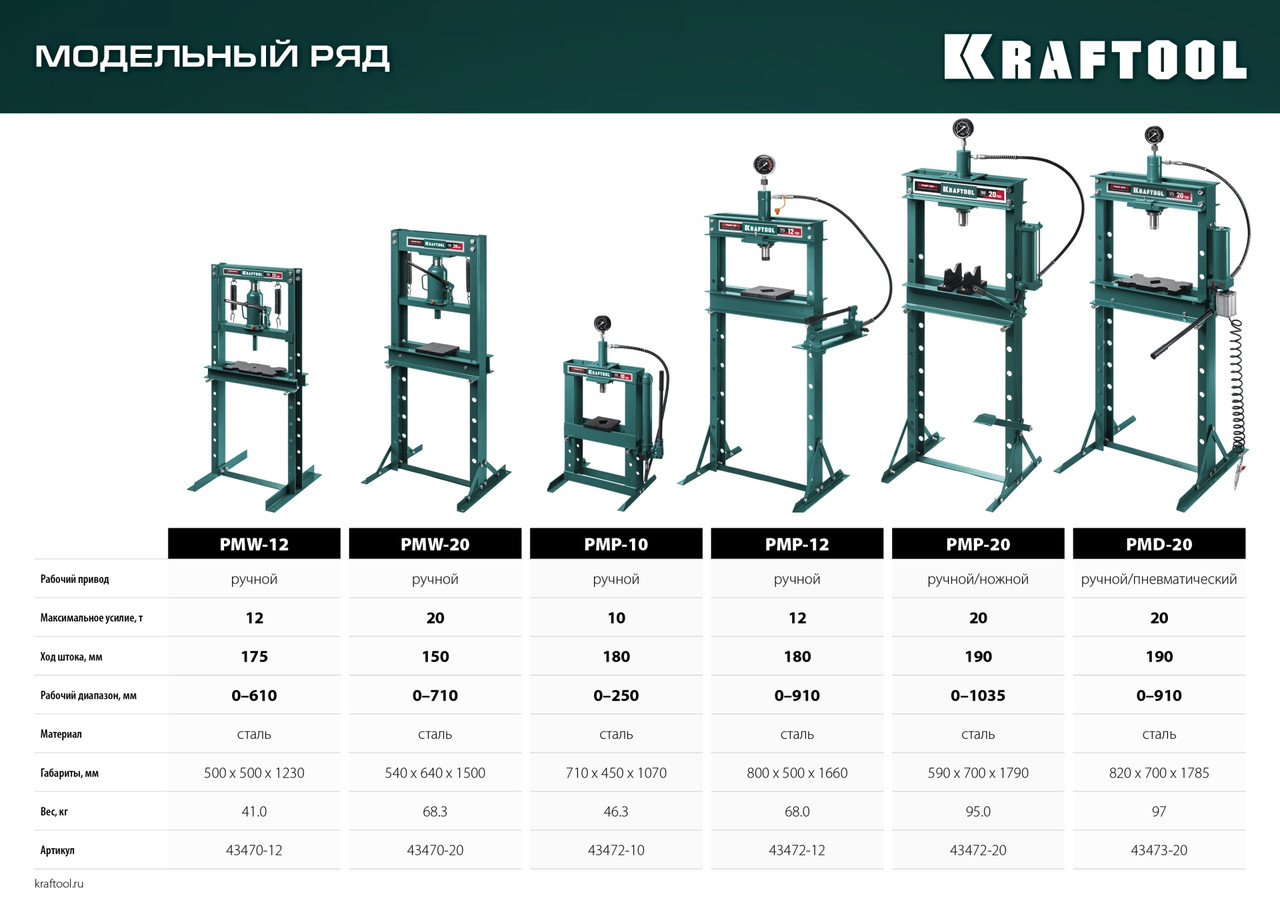 43470-12 KRAFTOOL PMW-12 12т пресс гидравлический с домкратом и возвратными пружинами - фото 5 - id-p224707901