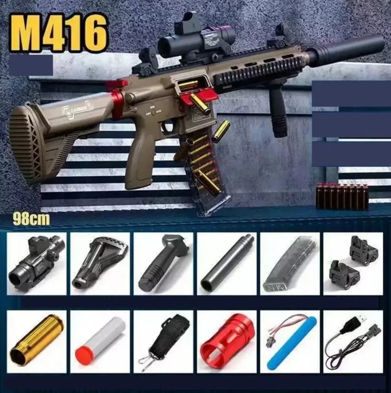 Игрушечный автомат M416 (Нерф) стреляющий мягкими пулями с гильзами, аккумулятор, 90 см - фото 1 - id-p224736459