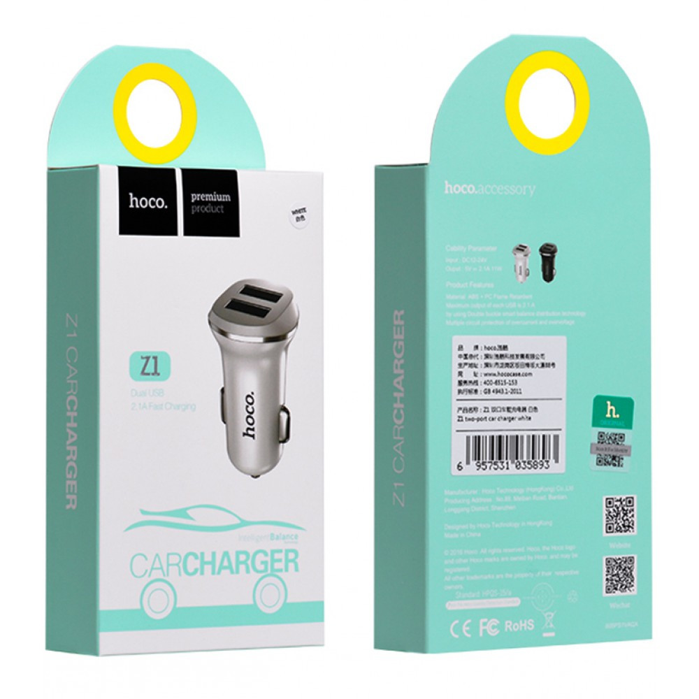 Автомобильное зарядное устройство HOCO Z1 double ported, 2xUSB, 2.1A, 11W, белый