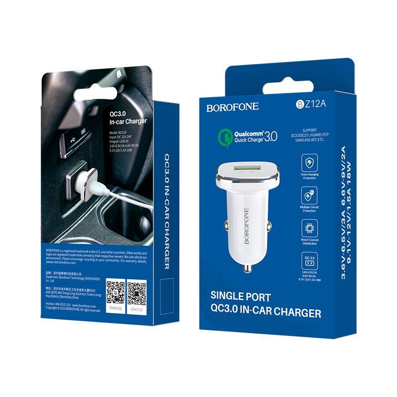 BZ12A Lasting power single port QC3.0 in-car charger белый BOROFONE 18W