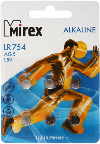 Батарейка щелочная дисковая Mirex Alkaline AG5, LR754, 1.5V, 6 шт. - фото 1 - id-p224657696