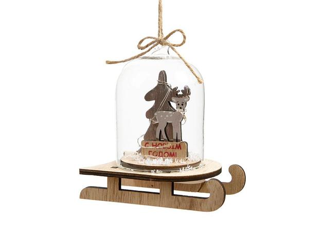 Новогоднее украшение Олень в колбе из древесины тополя и стекла, со светодиодной подсветкой, в комплекте с, фото 2
