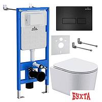 Унитаз подвесной Roxen Simple Compact в комплекте с инсталляцией StounFix Slim 6 в 1 921358 (кнопка: черный