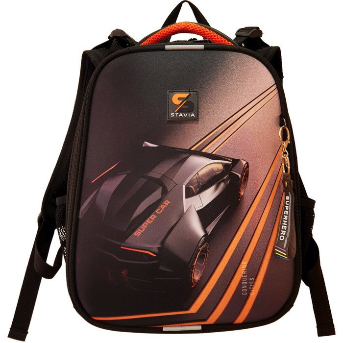 Рюкзак каркасный школьный 38 х 30 х 16 см, эргономичная спинка, Stavia "Super car", чёрный/оранжевый - фото 2 - id-p224777566