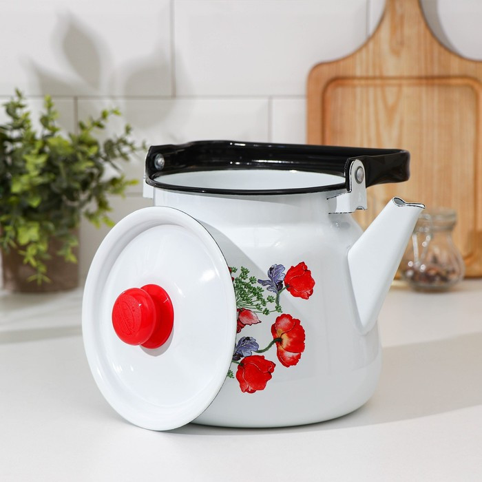 Чайник «Цветы красные», 3,5 л, белый с кнопкой, индукция, цвет белый - фото 2 - id-p224780246