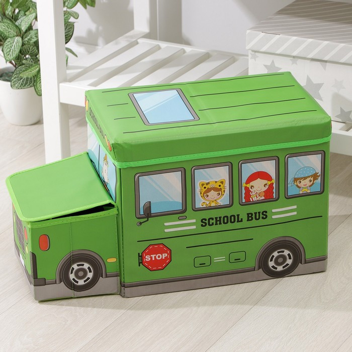 Короб стеллажный для хранения с крышкой «Школьный автобус», 55×26×32 см, 2 отделения, цвет зелёный - фото 1 - id-p224784679