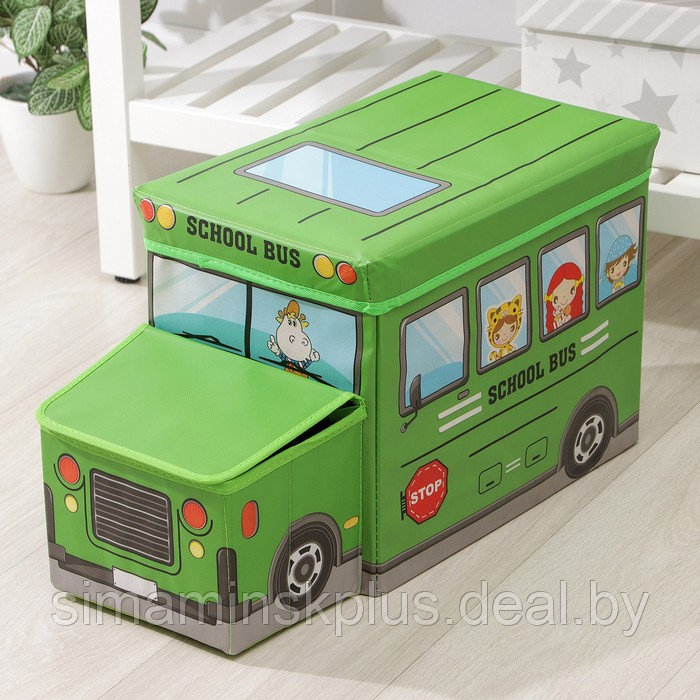 Короб стеллажный для хранения с крышкой «Школьный автобус», 55×26×32 см, 2 отделения, цвет зелёный - фото 2 - id-p224785870