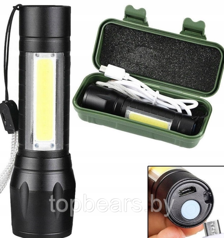 Фонарь LED + COВ 27-18 аккумуляторный / фокусировка луча / боковая подсветка (microusb)+пластиковый бокс) - фото 1 - id-p224787847