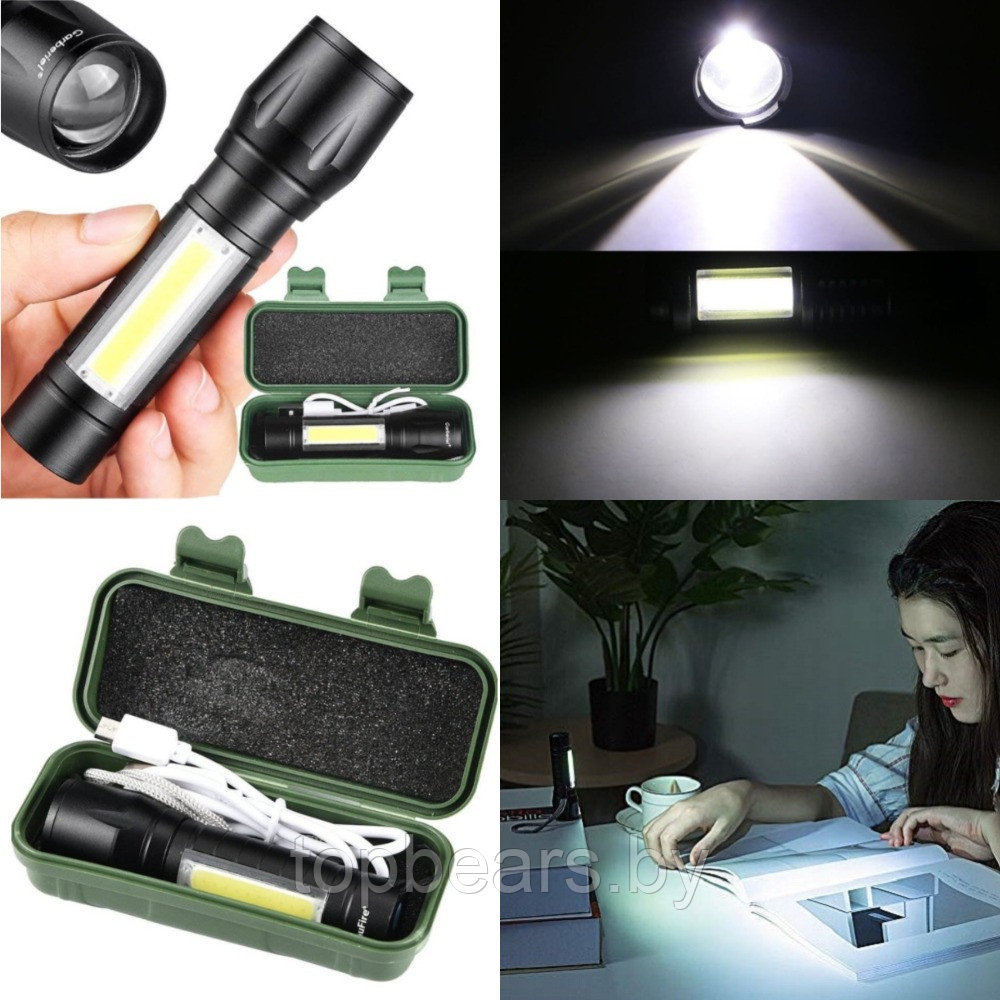 Фонарь LED + COВ 27-18 аккумуляторный / фокусировка луча / боковая подсветка (microusb)+пластиковый бокс) - фото 8 - id-p224787847