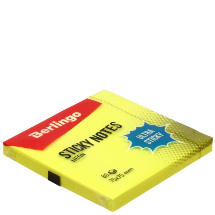 Бумага для заметок с липким краем Berlingo Ultra Sticky 75*75 мм, 1 блок*80 л., желтая, неон