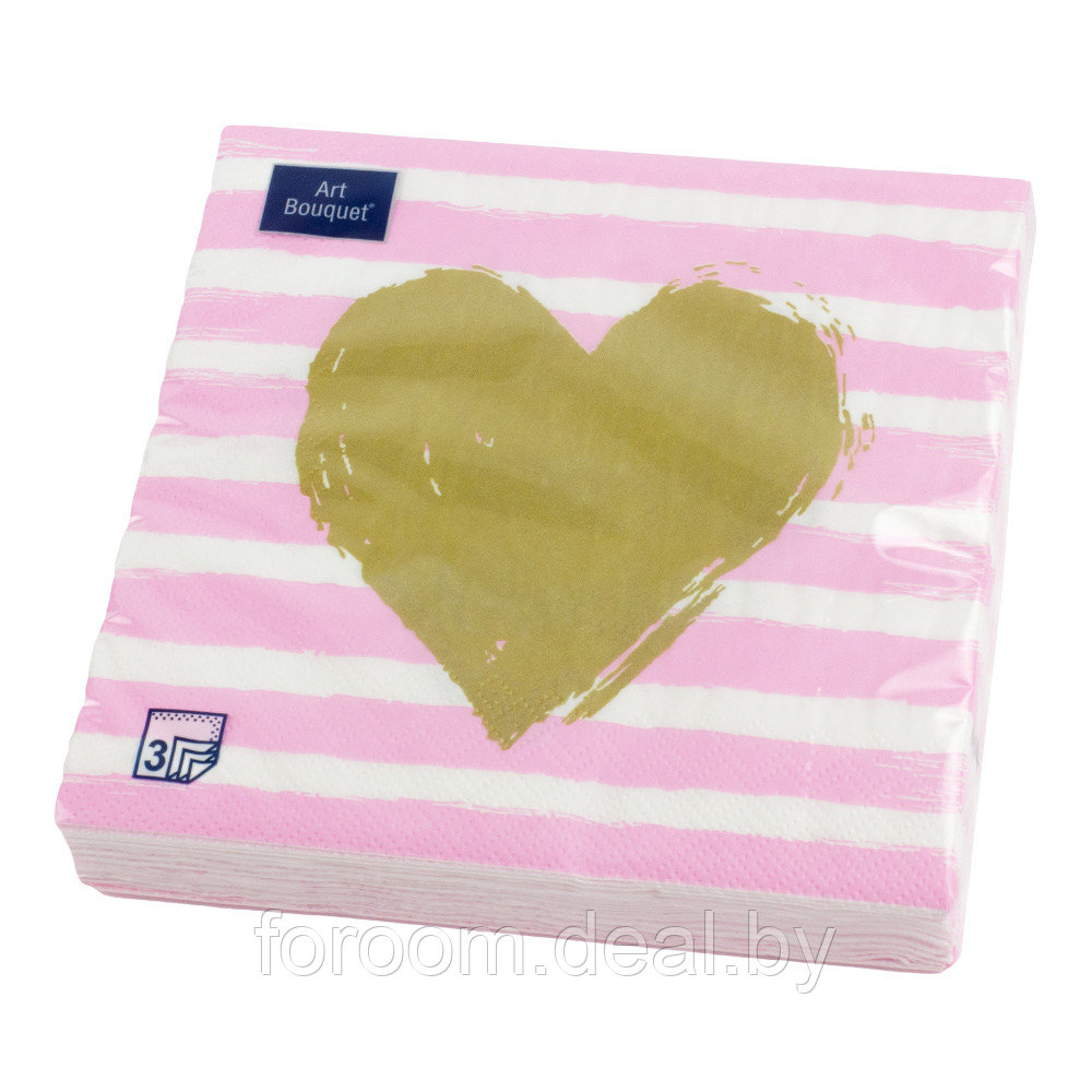 Салфетки бумажные "Золотое сердце на розовом" 33x33см, 3 слоя, 20шт. Bouquet Art 37640