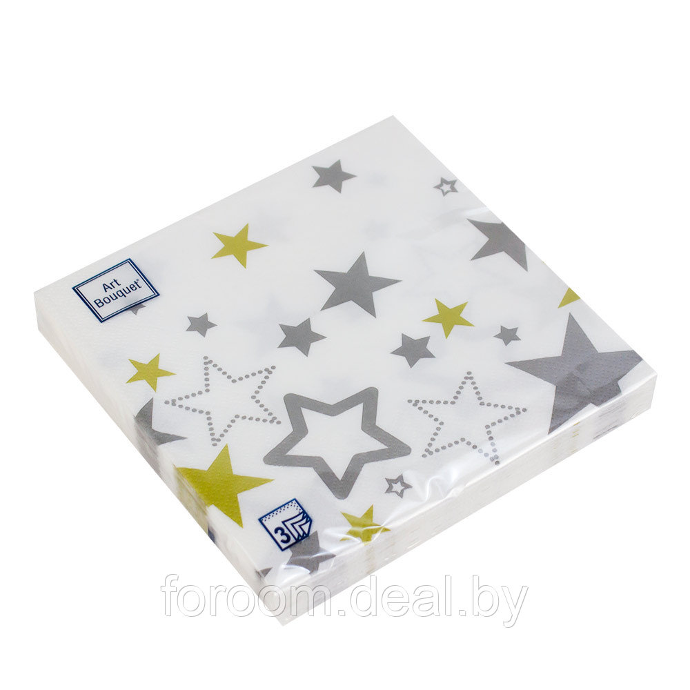 Салфетки бумажные "Новогодние звезды на белом" 33x33см, 3 слоя, 20шт. Bouquet Art 57522 - фото 1 - id-p224818773