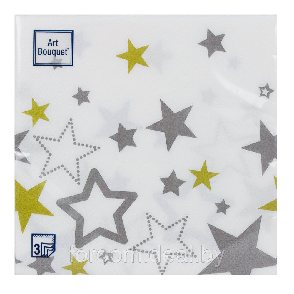 Салфетки бумажные "Новогодние звезды на белом" 33x33см, 3 слоя, 20шт. Bouquet Art 57522 - фото 2 - id-p224818773