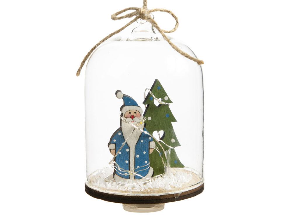 Новогоднее украшение Дед Мороз в колбе из древесины тополя и стекла, со светодиодной подсветкой, в комплекте с
