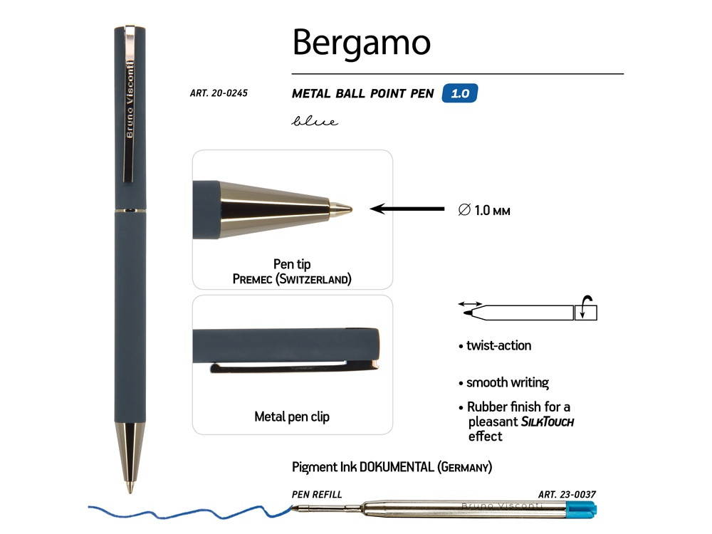 Ручка Bergamo шариковая автоматическая, синий металлический корпус, 1.0 мм, синяя - фото 3 - id-p224840879