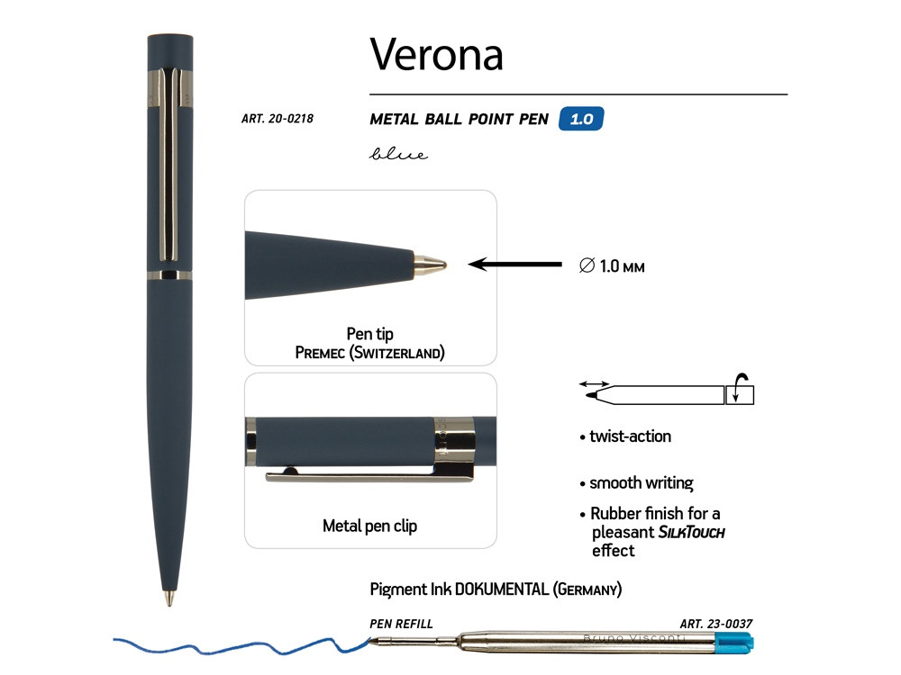 Ручка Verona шариковая автоматическая, синий металлический корпус 1.0 мм, синяя - фото 3 - id-p224840883