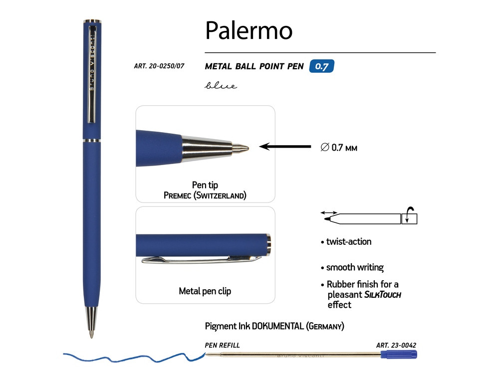 Ручка Palermo шариковая автоматическая, синий металлический корпус, 0,7 мм, синяя - фото 3 - id-p224840893