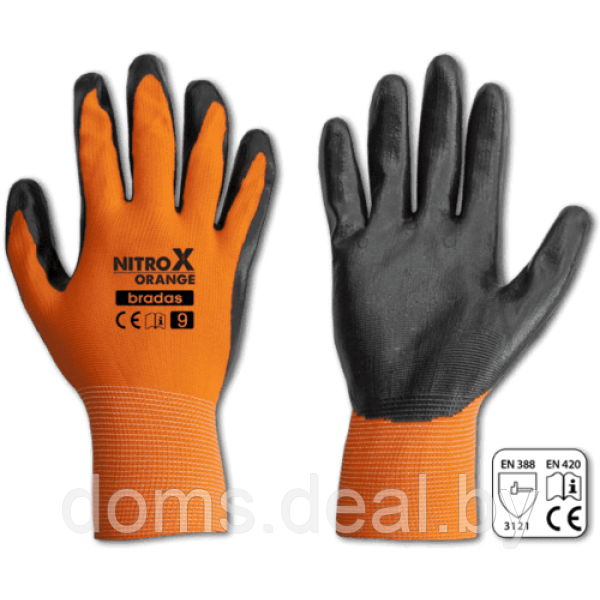 Перчатки NITROX трикотажные с нитриловым покрытием оранжевые (р-р 8,9,10) Bradas П88 - фото 1 - id-p224858000