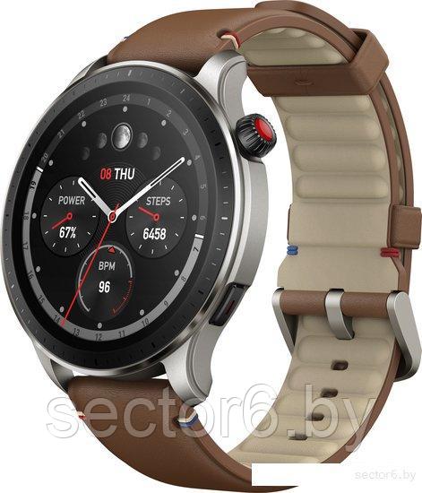 Умные часы Amazfit GTR 4 (серебристый, с коричневым кожаным ремешком) - фото 1 - id-p224932984