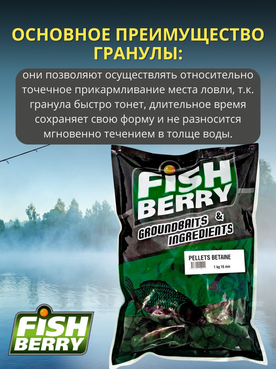 FishBerry Пеллетс карповый (бетаин, цв. -зеленый) 16мм - 1 кг - фото 3 - id-p159953124
