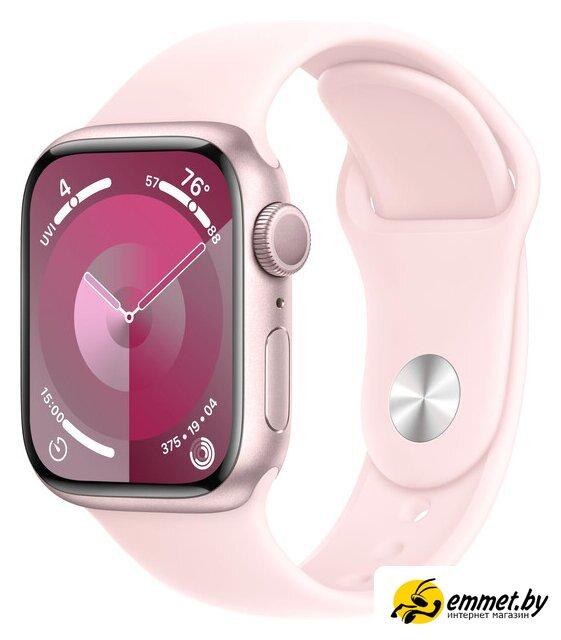 Умные часы Apple Watch Series 9 41 мм (алюминиевый корпус, розовый/розовый, спортивный силиконовый ремешок - фото 1 - id-p224951826