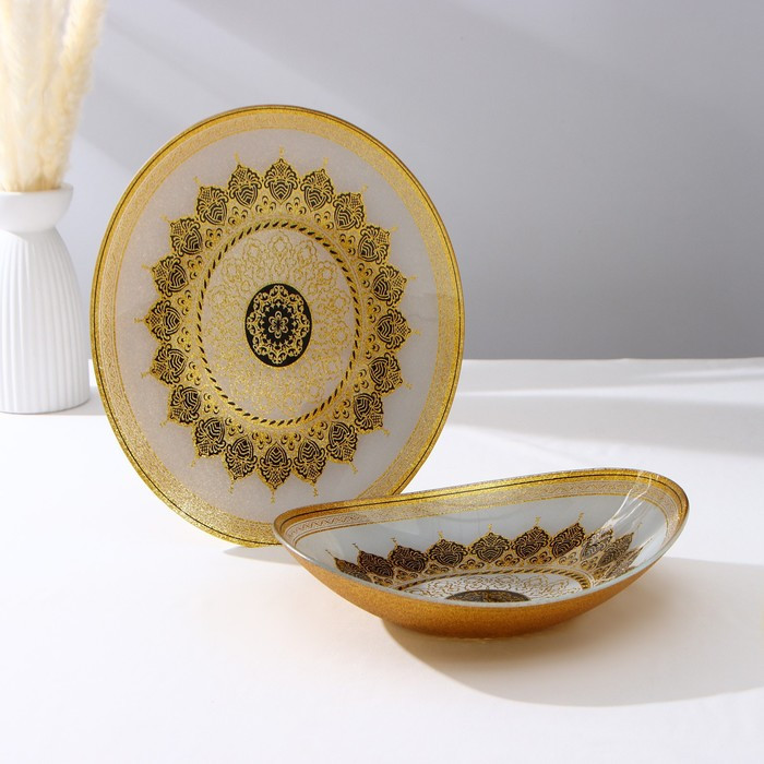 Набор тарелок «Мехенди», 2 предмета: 29*25 см и 33*28 см, цвет бежевый с чёрным и золотым, стекло - фото 1 - id-p224953098