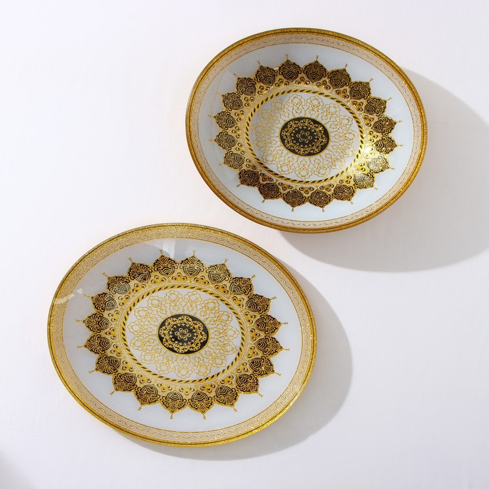 Набор тарелок «Мехенди», 2 предмета: 29*25 см и 33*28 см, цвет бежевый с чёрным и золотым, стекло - фото 2 - id-p224953098