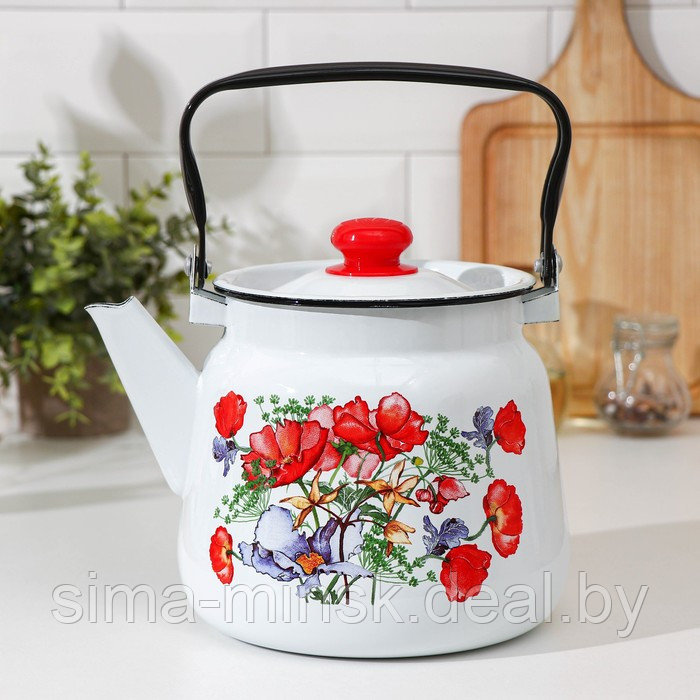 Чайник «Цветы красные», 3,5 л, белый с кнопкой, индукция, цвет белый - фото 1 - id-p224954911
