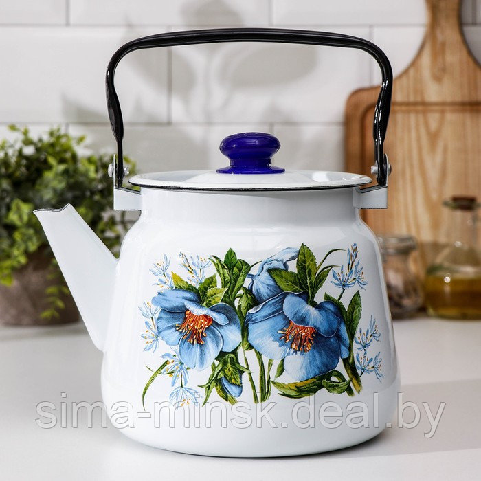 Чайник с кнопкой «Цветы синие», 3,5 л, индукция, цвет белый - фото 1 - id-p224954918