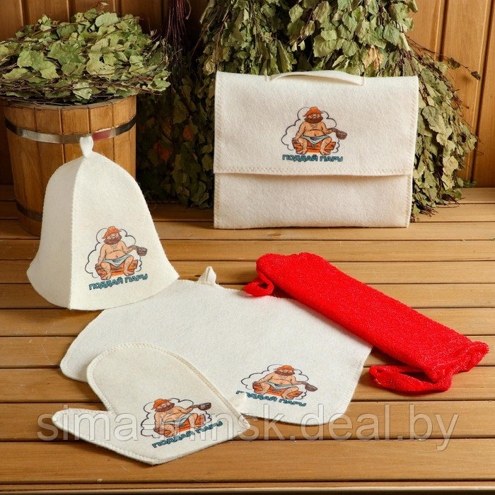 Набор для бани и сауны 5в1(сумка,шапка,варежка,коврик,мочалка),с принтом"Поддай пару",белый - фото 10 - id-p224956201
