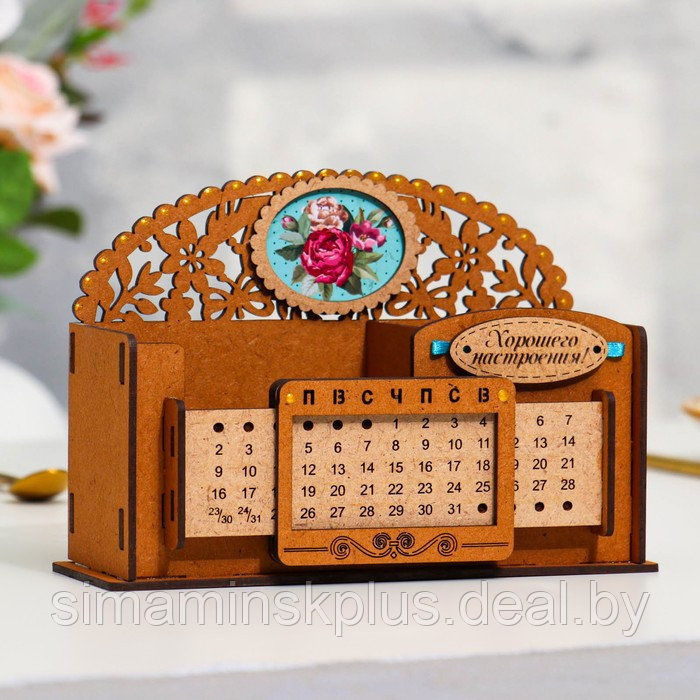 Календарь-карандашница "Летние цветы", мдф, дуб, 17х7,5х14 см - фото 1 - id-p224957896