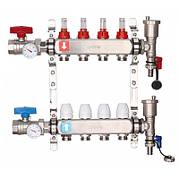 Коллекторная группа на 4 выхода, расходомер, воздухоотводчик, сливной кран, торцевой кран, термометр, GAPPO