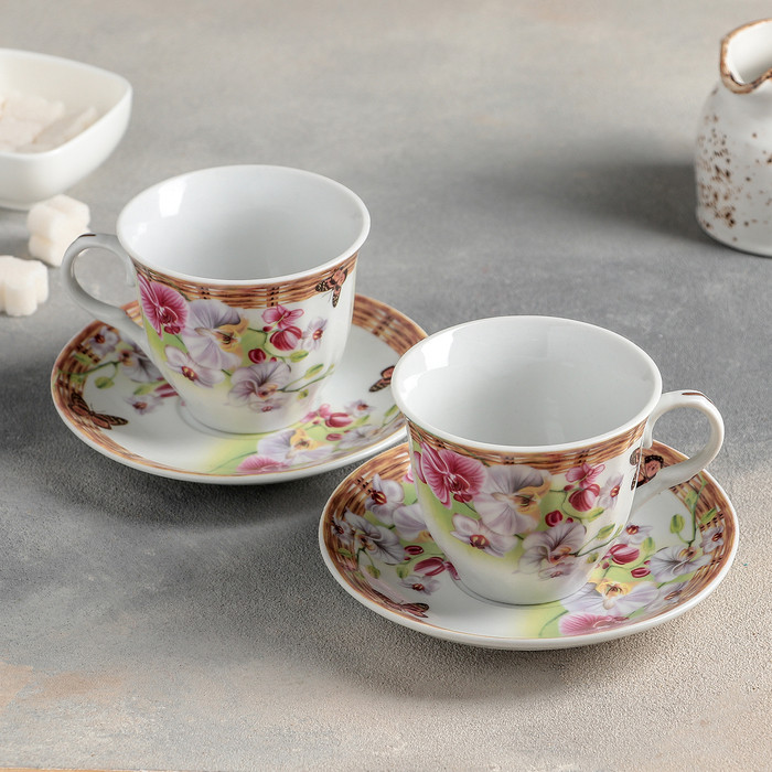 Сервиз керамический чайный Доляна «Садовый дворик», 4 предмета: 2 чашки 200 мл, 2 блюдца - фото 1 - id-p224965437