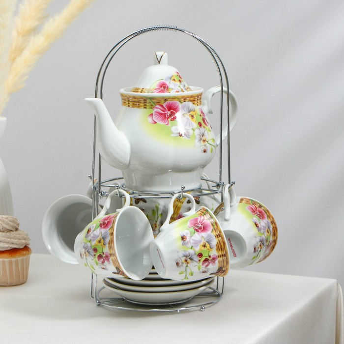 Набор чайный керамический на металлической подставке Доляна «Садовый дворик», 13 предметов: 6 чашек 200 мл, 6 - фото 1 - id-p224965448