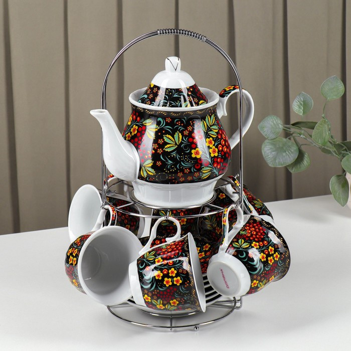 Сервиз чайный керамический на металлической подставке Доляна «Хохлома», 13 предметов: 6 чашек 210 мл, 6 блюдец - фото 1 - id-p224965449