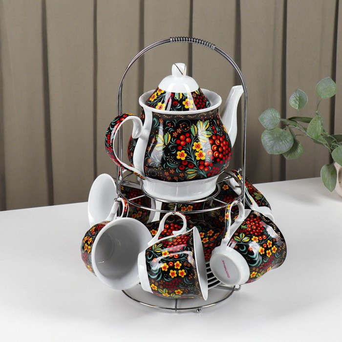 Сервиз чайный керамический на металлической подставке Доляна «Хохлома», 13 предметов: 6 чашек 210 мл, 6 блюдец - фото 2 - id-p224965449
