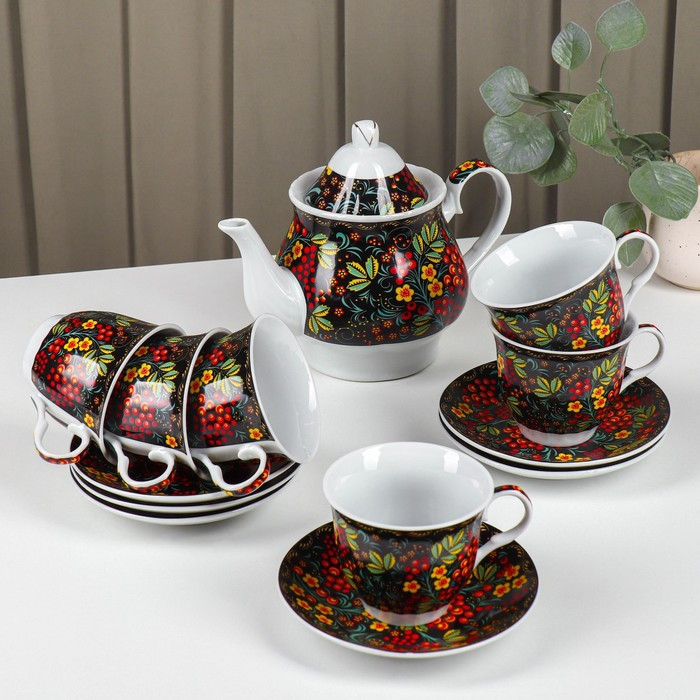 Сервиз чайный керамический на металлической подставке Доляна «Хохлома», 13 предметов: 6 чашек 210 мл, 6 блюдец - фото 3 - id-p224965449
