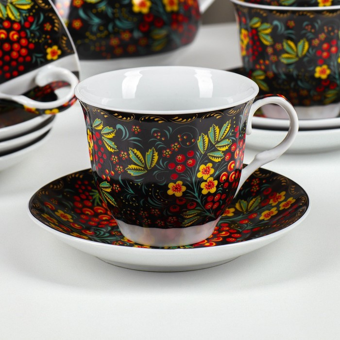 Сервиз чайный керамический на металлической подставке Доляна «Хохлома», 13 предметов: 6 чашек 210 мл, 6 блюдец - фото 4 - id-p224965449