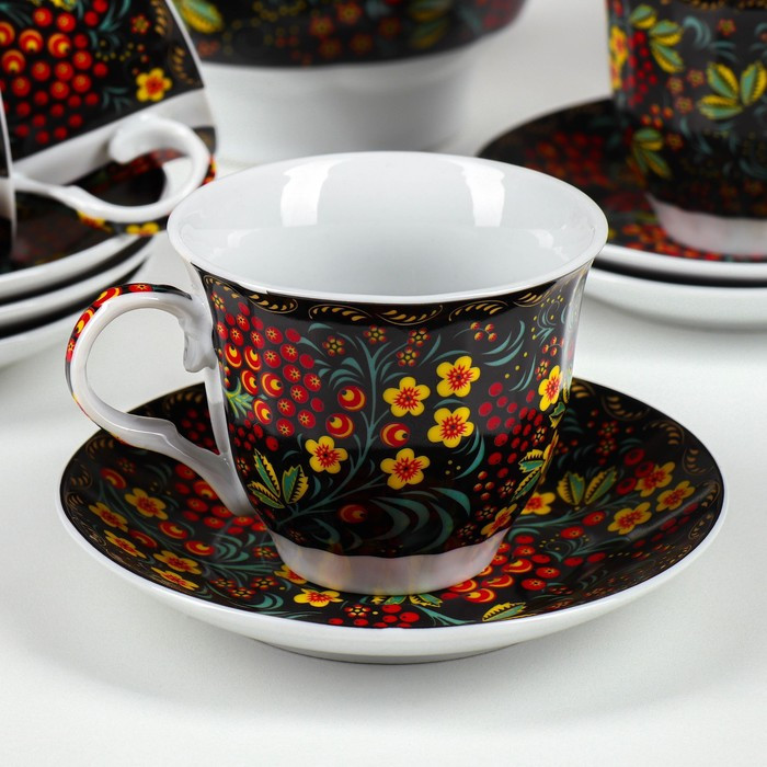 Сервиз чайный керамический на металлической подставке Доляна «Хохлома», 13 предметов: 6 чашек 210 мл, 6 блюдец - фото 5 - id-p224965449