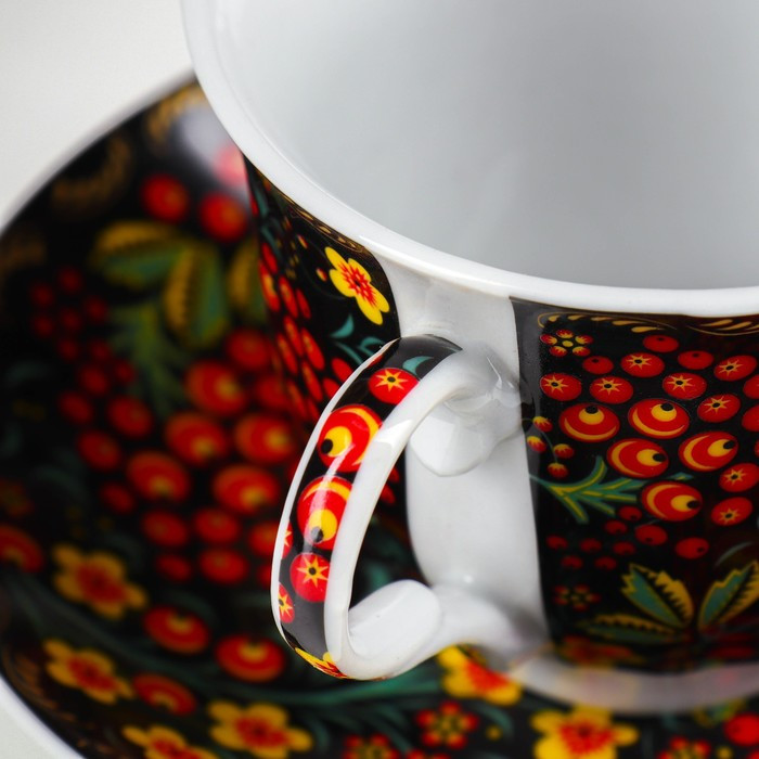 Сервиз чайный керамический на металлической подставке Доляна «Хохлома», 13 предметов: 6 чашек 210 мл, 6 блюдец - фото 6 - id-p224965449