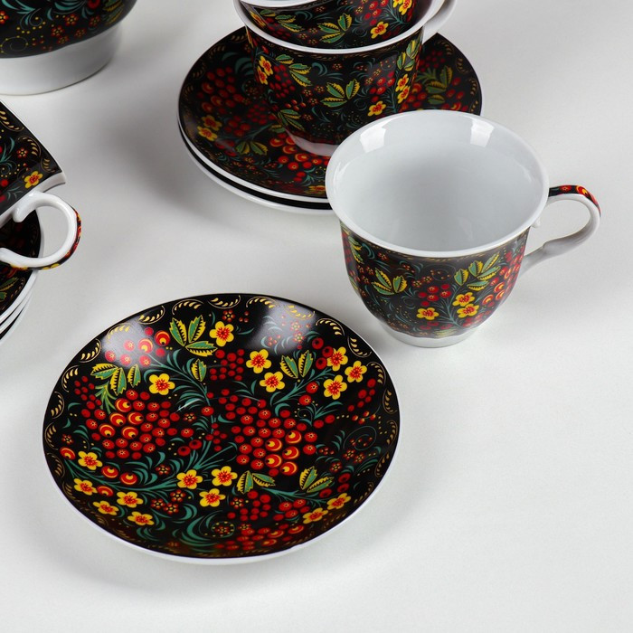 Сервиз чайный керамический на металлической подставке Доляна «Хохлома», 13 предметов: 6 чашек 210 мл, 6 блюдец - фото 7 - id-p224965449