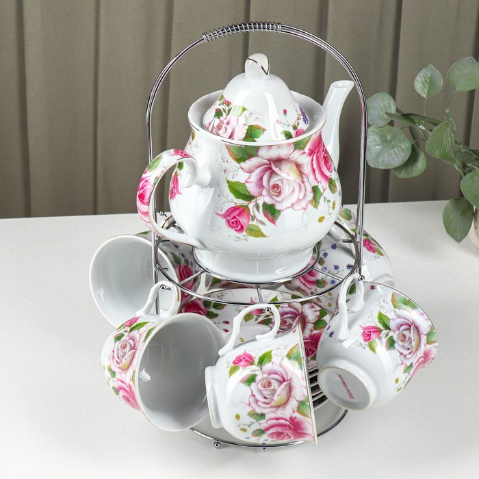 Сервиз керамический чайный на металлической подставке Доляна «Томная роза», 13 предметов: 6 чашек 230 мл, 6 - фото 2 - id-p224965450