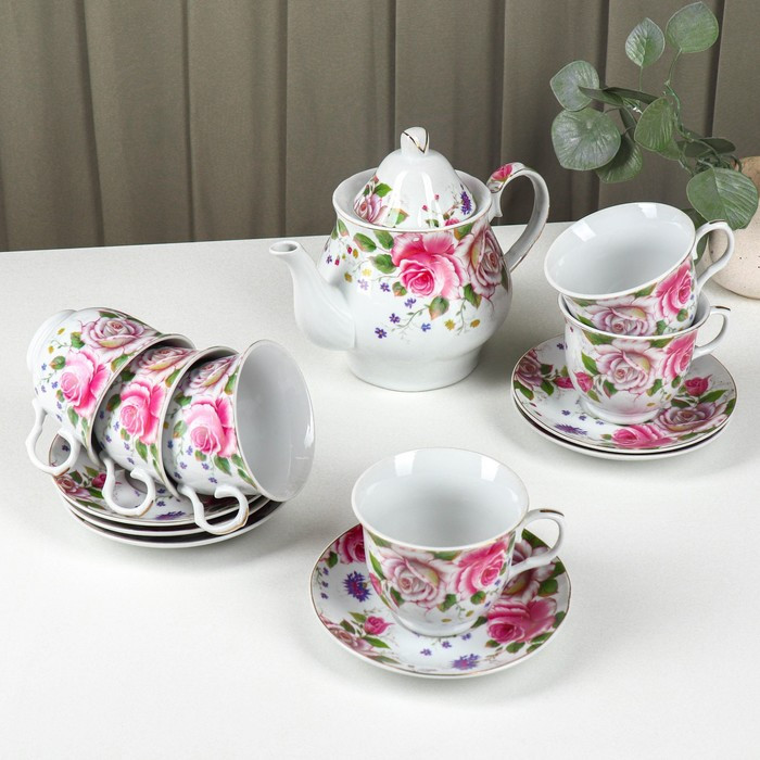 Сервиз керамический чайный на металлической подставке Доляна «Томная роза», 13 предметов: 6 чашек 230 мл, 6 - фото 3 - id-p224965450