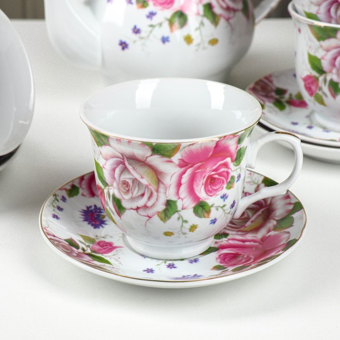 Сервиз керамический чайный на металлической подставке Доляна «Томная роза», 13 предметов: 6 чашек 230 мл, 6 - фото 4 - id-p224965450
