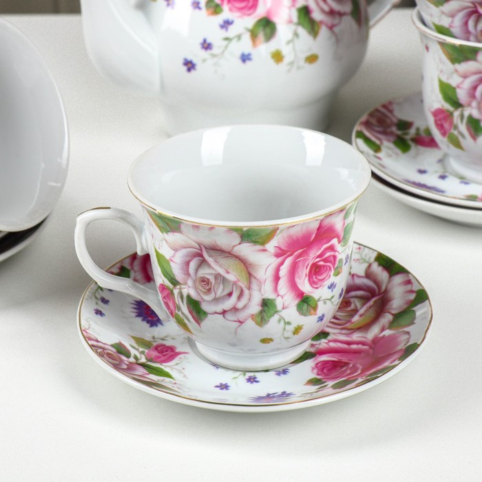 Сервиз керамический чайный на металлической подставке Доляна «Томная роза», 13 предметов: 6 чашек 230 мл, 6 - фото 5 - id-p224965450