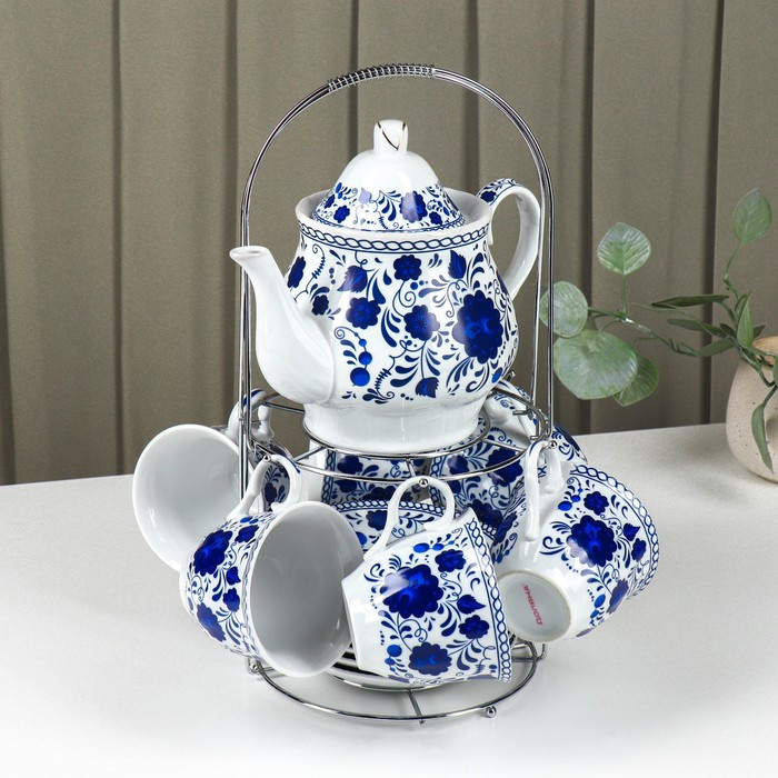 Сервиз керамический чайный Доляна «Русский узор»,13 предметов на подставке: 6 чашек 210 мл, 6 блюдец, чайник - фото 1 - id-p224965451