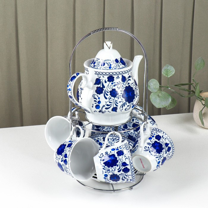 Сервиз керамический чайный Доляна «Русский узор»,13 предметов на подставке: 6 чашек 210 мл, 6 блюдец, чайник - фото 2 - id-p224965451